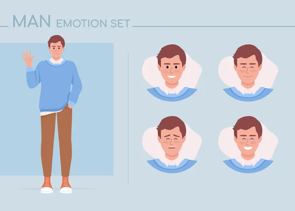 Positive Young Man Semi Flat Color Character Emotions Set Editable — Vector de stock