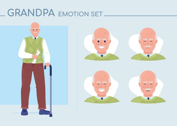 Cheerful grandpa semi flat color character emotions set. Editable facial expressions. Positivity vector style illustration for motion graphic design and animation. Comfortaa font used