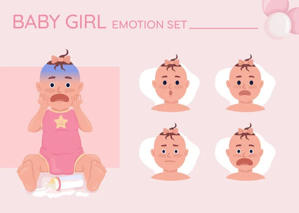 Scared little baby semi flat color character emotions set. Editable facial expressions. Excitement vector style illustration for motion graphic design and animation. Quicksand font used