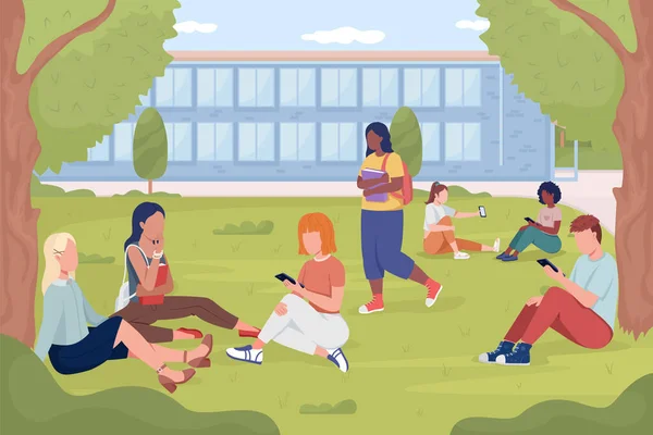 Students Resting Garden Lawn College Flat Color Vector Illustration University — 图库矢量图片