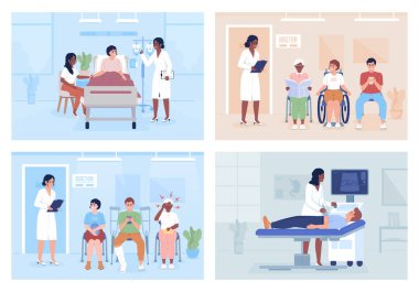 Doctor and patients in hospital flat color vector illustrations set. Healthcare services. Fully editable 2D simple cartoon characters with interior on background collection. Bebas Neue font used