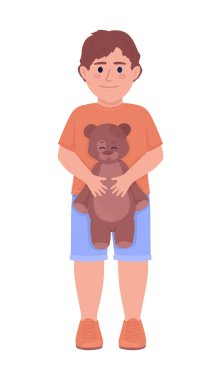 Smiling boy with teddy bear semi flat color vector character. Editable figure. Full body person on white. Childhood simple cartoon style illustration for web graphic design and animation