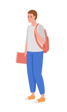 Upset student with backpack and textbook semi flat color vector character. Editable figure. Full body person on white. Education simple cartoon style illustration for web graphic design and animation
