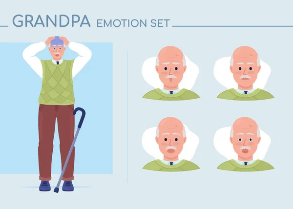 Stunned Grandpa Semi Flat Color Character Emotions Set Editable Facial — Stockvektor