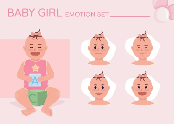 Joyful baby girl semi flat color character emotions set. Editable facial expressions. Happiness vector style illustration for motion graphic design and animation. Quicksand font used