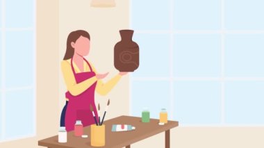 Animated master artist illustration. Teaching to make pottery with clay. Working in handcraft workshop. Looped flat color 2D cartoon character animation video in 4k with interior on background