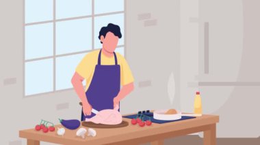 Animated chef illustration. Preparing chicken breast. Culinary workshop. Cooking class. Food preparation. Looped flat color 2D cartoon character animation video in 4k with interior on background