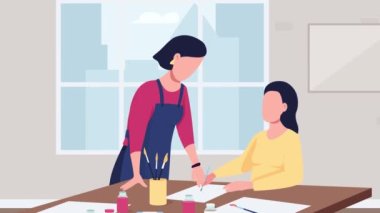 Animated art class illustration. Instructor with student. Creative workshop. Course for drawing, painting. Looped flat color 2D cartoon characters animation video in 4k with interior on background