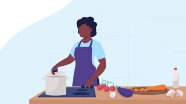 Animated culinary class illustration. Look at boiling water in pot. Food preparation. Cooking workshop. Looped flat color 2D cartoon character animation video in 4k with interior on background