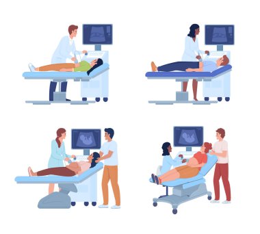 Ultrasound examination semi flat color vector characters set. Editable figures. Full body people on white. Medicine simple cartoon style illustrations for web graphic design and animation collection