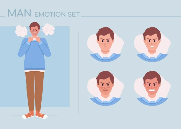 Furious Young Man Semi Flat Color Character Emotions Set Editable — Vector de stock