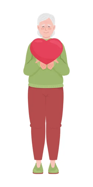 Happy Old Woman Heart Semi Flat Color Vector Character Editable — Stockvector