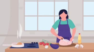 Animated chef teacher illustration. Cut chicken drumsticks. Food preparation. Culinary workshop. Cooking class. Looped flat color 2D cartoon character animation video in 4k with interior on background