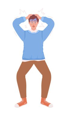 Stressed out man clutching head semi flat color vector character. Editable figure. Full body person on white. Panic simple cartoon style illustration for web graphic design and animation