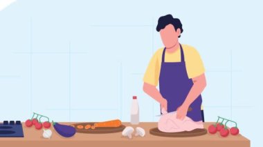 Animated cook illustration. Cutting chicken wings. Food preparation. Culinary workshop. Cooking class. Looped flat color 2D cartoon character animation video in 4k with interior on background
