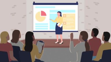 Animated business forum illustration. Entrepreneurship course. Participate in strategic planning. Looped flat color 2D cartoon characters animation video in 4k with interior on background