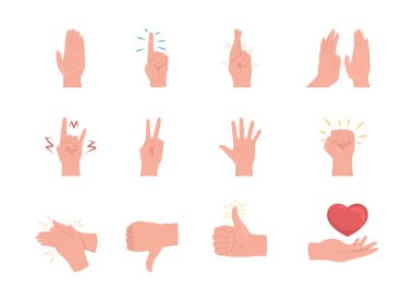 Non verbal communication semi flat color vector hand gesture set. Editable pose. Human body part on white. Cartoon style illustration for web graphic design, animation, sticker pack collection