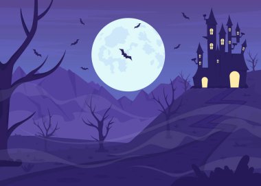 Haunted castle on hill flat color vector illustration. Spooky environment. Flying bats. Halloween night. Fully editable 2D simple cartoon landscape with full moon and building on background