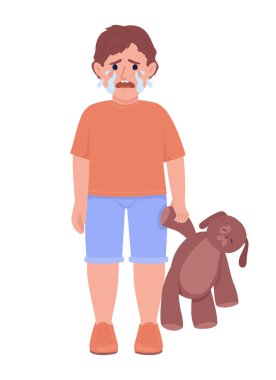 Crying little boy with toy semi flat color vector character. Editable figure. Full body person on white. Sadness simple cartoon style illustration for web graphic design and animation