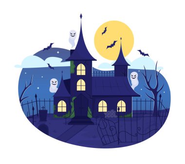 Haunted house 2D vector isolated illustration. Halloween decoration flat objects on cartoon background. Spooky holiday celebration colourful editable scene for mobile, website, presentation