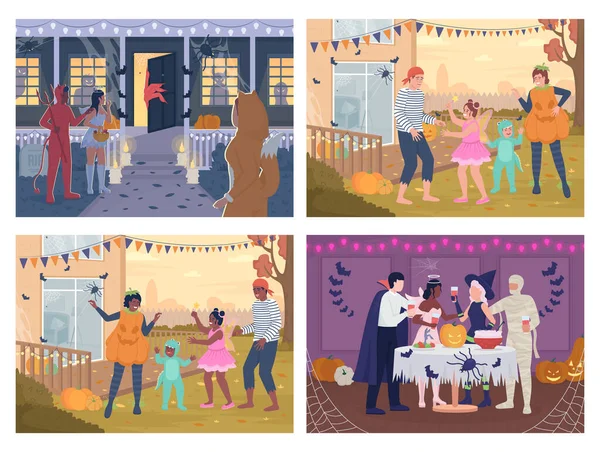 Halloween Costume Party Flat Color Vector Illustration Set People Having — Stok Vektör