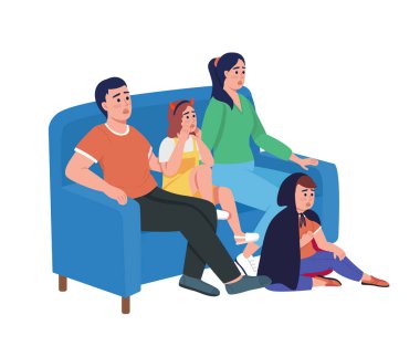 Aile Cadılar Bayramı 'nı evde kutluyor. Yarı düz renk vektör karakterler. Düzenlenebilir figürler. Beyazın üstüne tüm vücudu olan insanlar. Web grafik tasarımı ve animasyonu için basit çizgi film stilinden korkun