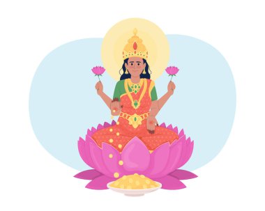 Nilüfer çiçeğinin üzerindeki Lakshmi tanrıçası 2D vektör izole bir illüstrasyon. Çizgi film arka planında güzel Hindu tanrısı düz karakter. Cep telefonu, web sitesi, sunum için Budizm renkli sahne