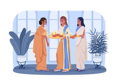 Diwali 2D vektör izole edilmiş resimli Diwali diyabetli kadınlar. Hint rahibeler çizgi film arka planında düz karakterler. Mobil, web sitesi, sunum için rengarenk tatil sahnesi