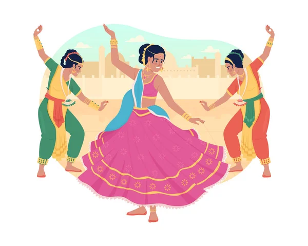 Традиция Народного Танца Векторной Иллюстрации Дивали Женщины Танцуют Вместе Плоские — стоковый вектор