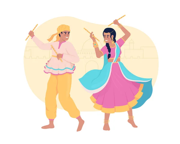 Garba Danza Con Bastoni Diwali Vettore Isolato Illustrazione Coppia Ballare — Vettoriale Stock