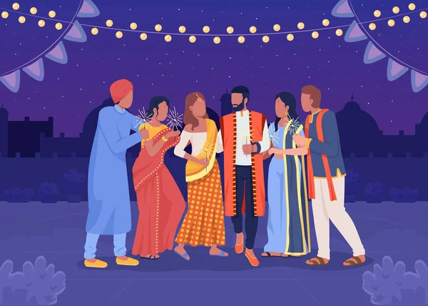 Glada Vänner Diwali Parti Platt Färg Vektor Illustration Firande Traditionell — Stock vektor