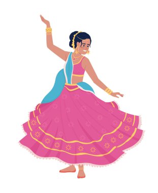 Folk pembe elbiseli dans eden kadın yarı düz renkli vektör karakter. Düzenlenebilir figür. Beyazın üzerinde tam vücut insan. Web grafik tasarımı ve animasyonu için Hindu bayramı basit çizgi film stili çizimi