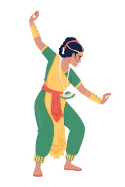 Işık festivalinde poz veren kadın dansçı yarı düz renk vektör karakter. Düzenlenebilir figür. Beyazın üzerinde tam vücut insan. Web grafik tasarımı ve animasyonu için basit çizgi film stili çizimi