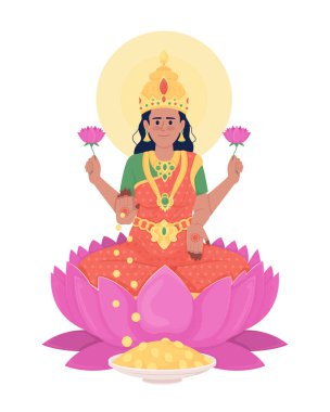 Lakshmi tanrıça yarı düz renk vektör karakteri. Düzenlenebilir figür. Beyazın üzerinde tam vücut insan. Diwali kutlaması. Hinduizm web grafik tasarımı ve animasyonu için basit çizgi film stili çizimi
