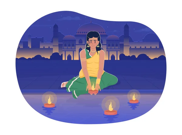 Diwali Fille Mise Dérive Diya Sur Rivière Vecteur Illustration Isolée — Image vectorielle