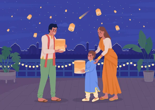 Familjen Lanserar Himmel Lyktor Diwali Platt Färg Vektor Illustration Indisk — Stock vektor