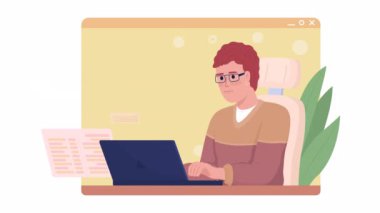 Animasyon izole kodlama uzmanı. Yazan ağ geliştirici ile pencere. Alfa kanallı 4K video görüntüleriyle donatılmış düz 2D karakter. Mobil, web sitesi ve sosyal medya için renkli animasyon programlama