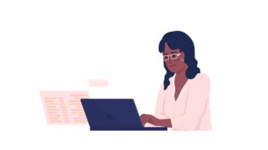 Animasyon kadın kodlayıcı karakter. Programlama işi. Alfa kanallı yarım vücut 4K video görüntüsü. Sistem mühendisi. Hareket grafik tasarımı ve animasyonu için renkli çizgi film stili çizimi