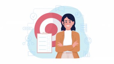 Animasyon hedefleme ayarı. Motive olmuş kadın çalışan. Alfa kanallı 4K video görüntüleriyle donatılmış düz 2D karakter. Problem çözme yeteneği. Cep telefonu, web sitesi ve sosyal medya için renkli animasyon