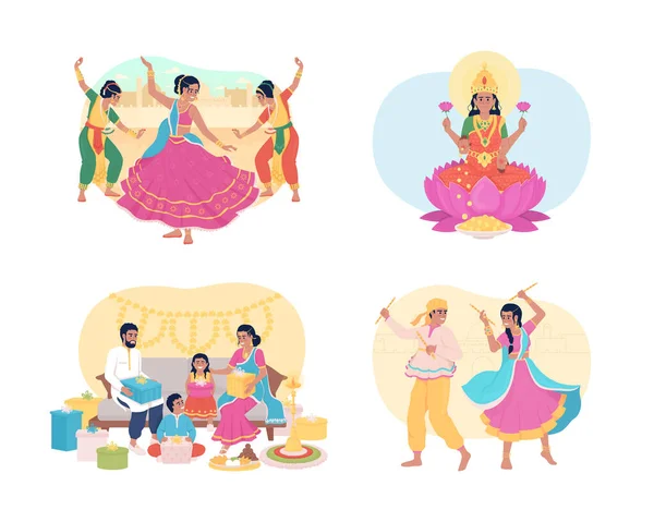 Traditionen Während Diwali Vektor Isolierte Illustrationen Gesetzt Deepavali Sitten Flache — Stockvektor