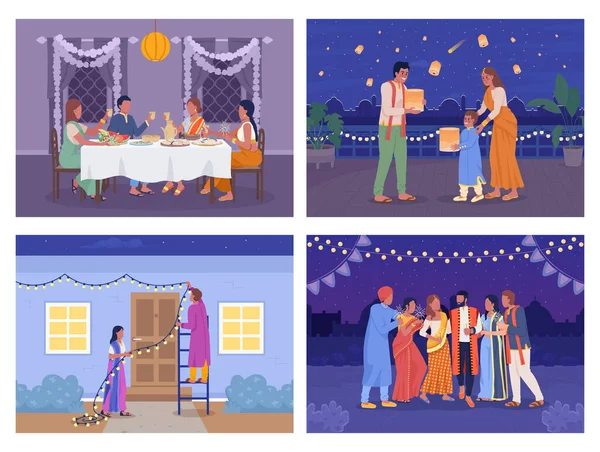 Diwali Feier Flache Farb Vektor Illustrationen Eingestellt Indische Traditionen Modernen — Stockvektor