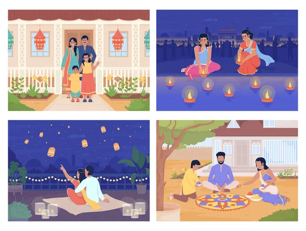 Fira Diwali Med Familj Platt Färg Vektor Illustrationer Som Att — Stock vektor