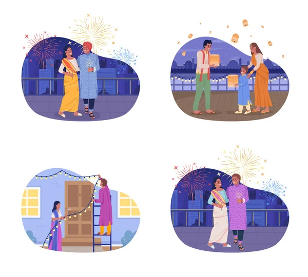 Diwali Indian Holiday Vektor Isolierte Illustrationen Eingestellt Antike Feste Feiern — Stockvektor