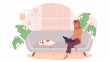 Evden izole edilmiş animasyon çalışmaları. Evcil hayvanı olan serbest çalışan bir kadın. Alfa kanallı 4K video görüntüleriyle donatılmış düz 2D karakter. Cep telefonu, web sitesi ve sosyal medya için esnek uzak iş renkli animasyon
