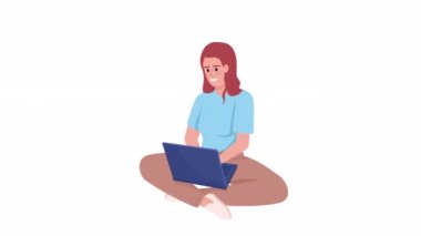 Animasyon uzaktan çalışan karakter. Tam vücut düz insan 4K video görüntüsü alfa kanallı. Serbest meslek hayatı. Hareket grafik tasarımı ve animasyonu için renkli çizgi film stili çizimi