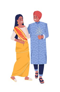 Yarı düz renk vektör karakterli genç bir çift. Düzenlenebilir figürler. Beyazın üstüne tüm vücudu olan insanlar. Hint gelenekleri web grafik tasarımı ve animasyonu için basit çizgi film stili çizimi