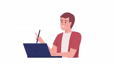 Canlandırılmış yaratıcı erkek karakter. Beyin fırtınası. Alfa kanallı yarım vücut 4K video görüntüsü. Hareket grafik tasarımı ve animasyonu için pazarlama yöneticisi renk çizgi film stili illüstrasyonu