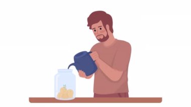 Animasyon yatırımcı karakteri. Alfa kanallı yarım vücut 4K video görüntüsü. Başlangıç için para topluyorum. Hareket grafik tasarımı ve animasyonu için renkli çizgi film stili çizimi