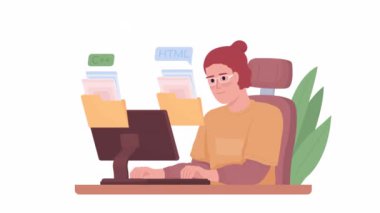 Animasyon geliştirici kariyer karakteri. Acemi programcı. Alfa kanallı yarı gövdeli HD video görüntüleri. Canlandırma için şeffaf arkaplan üzerindeki renkli çizgi film biçimi çizimi