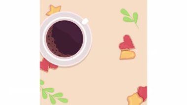 Kahve saatini ve kartını canlandırdı. Taze demlenmiş kupa. Alfa kanallı düz renkli HD video görüntüleri. Sosyal medya animasyon tasarımı sonrası. Web afişi, Kart. Niconne, Neucha yazı tipleri